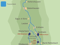 Lage der Hochwasserrückhaltebecken im Hochwasserschutz Günztal.