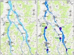 Die Standorte der fünf Hochwasserrückhaltebecken (HRB) und deren Rückhaltewirkung bei Hochwasser (Vergleich: linkes Bild Überschwemmungsgebiet ohne HRB, rechtes Bild Überschwemmungsgebiet mit 5 HRB).