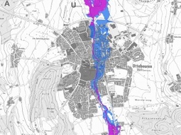 Vergleich der Überschwemmungsflächen an der Westlichen Günz bei Ottobeuren vor (blaue Flächen) und nach Umsetzung (pinke Flächen) der Hochwasserschutz-Maßnahmen im Hochwasserschutz Günztal.