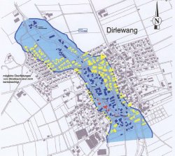 Überschwemmungsgebiet der Mindel im Orstbereich des Marktes Dirlewang bei einem 100-jährlichen Hochwasserereignis