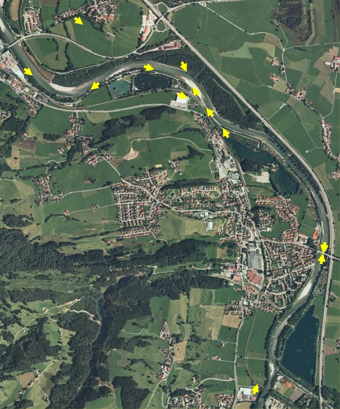 Luftbild mit den Maßnahmen im Abschnitt Blaichach an ausgewählten Bereichen