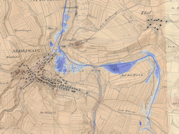 Historische Karte von Nesselwang überlagert mit dem aktuell ermittelten Überschwemmungsgebiet.