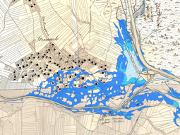 Historische Karte von Steinach überlagert mit dem Überschwemmungsgebiet der Steinacher Achen