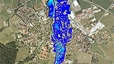 Ausschnitt der topographischen Karte, Bereich Kempten mit Darstellung der Überschwemmungsgebiete; bei Mausklick Aufruf des Kartendienstes Überschwemmungsgefährdete Gebiete in Bayern; bei Mausklick Aufruf des Kartendienstes Überschwemmungsgefährdete Gebiete in Bayern