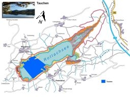Karte des Rottachsees mit eingezeichnetem Bereich in den getaucht werden darf