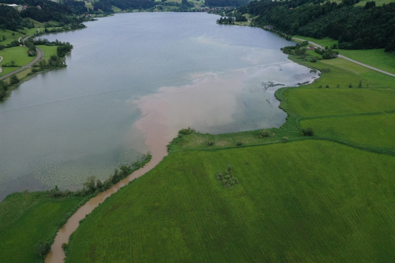 Mündung der Konstanzer Ach in den großen Alpsee nach einem Hochwasserereignis